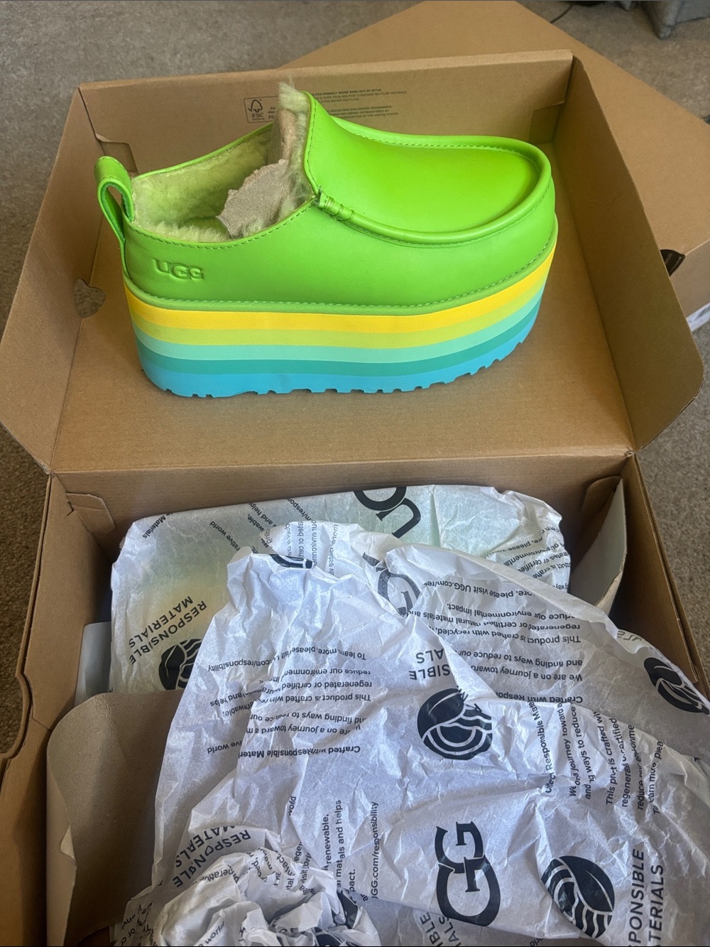 UGG Kids URSEEN all gender Neon Lime Rainbow Platform Slip-On